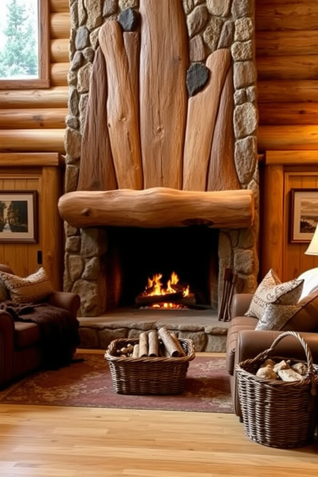 7. Rustic Log Fireplace